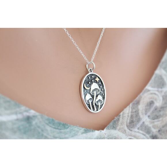Sterling Silver Mushroom Pendant with Bronze Star and Moon Necklace - Picture 3 of 5